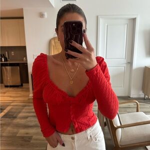 Free People Red Puffy Long Sleeve Button Down Blouse